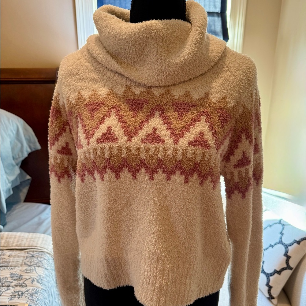 Kaisely Cream and Pink Patterned Cowl Neck Sweater
